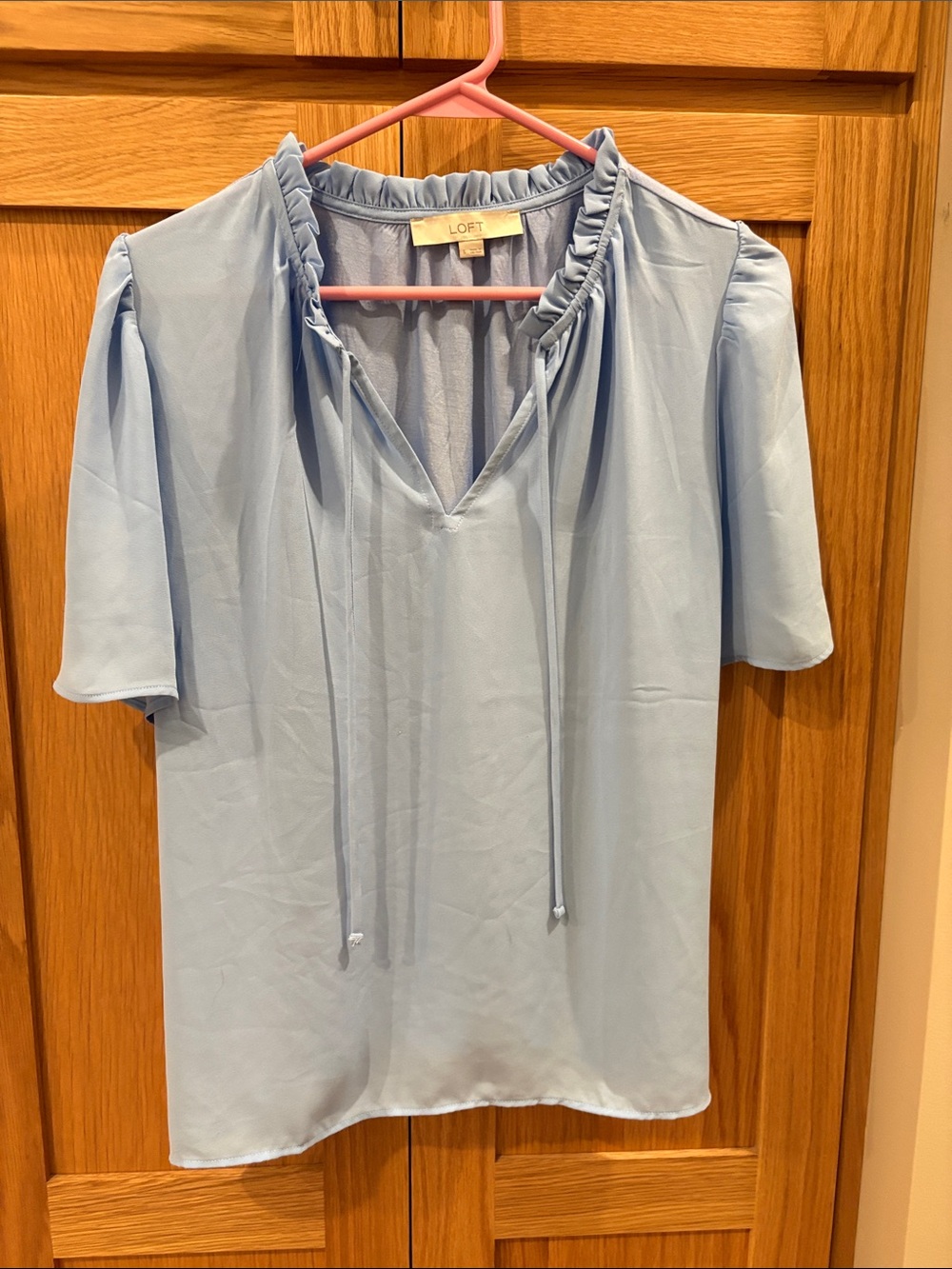 LOFT Sky Blue Ruffle Tie-Neck Short Sleeve Blouse